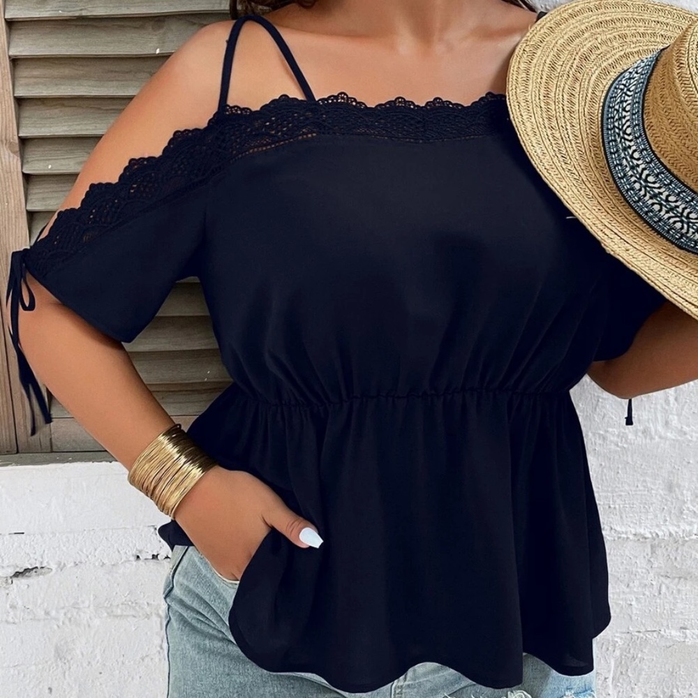 Plus Cold Shoulder Lace Blouse Navy Blue - Picture 1 of 14